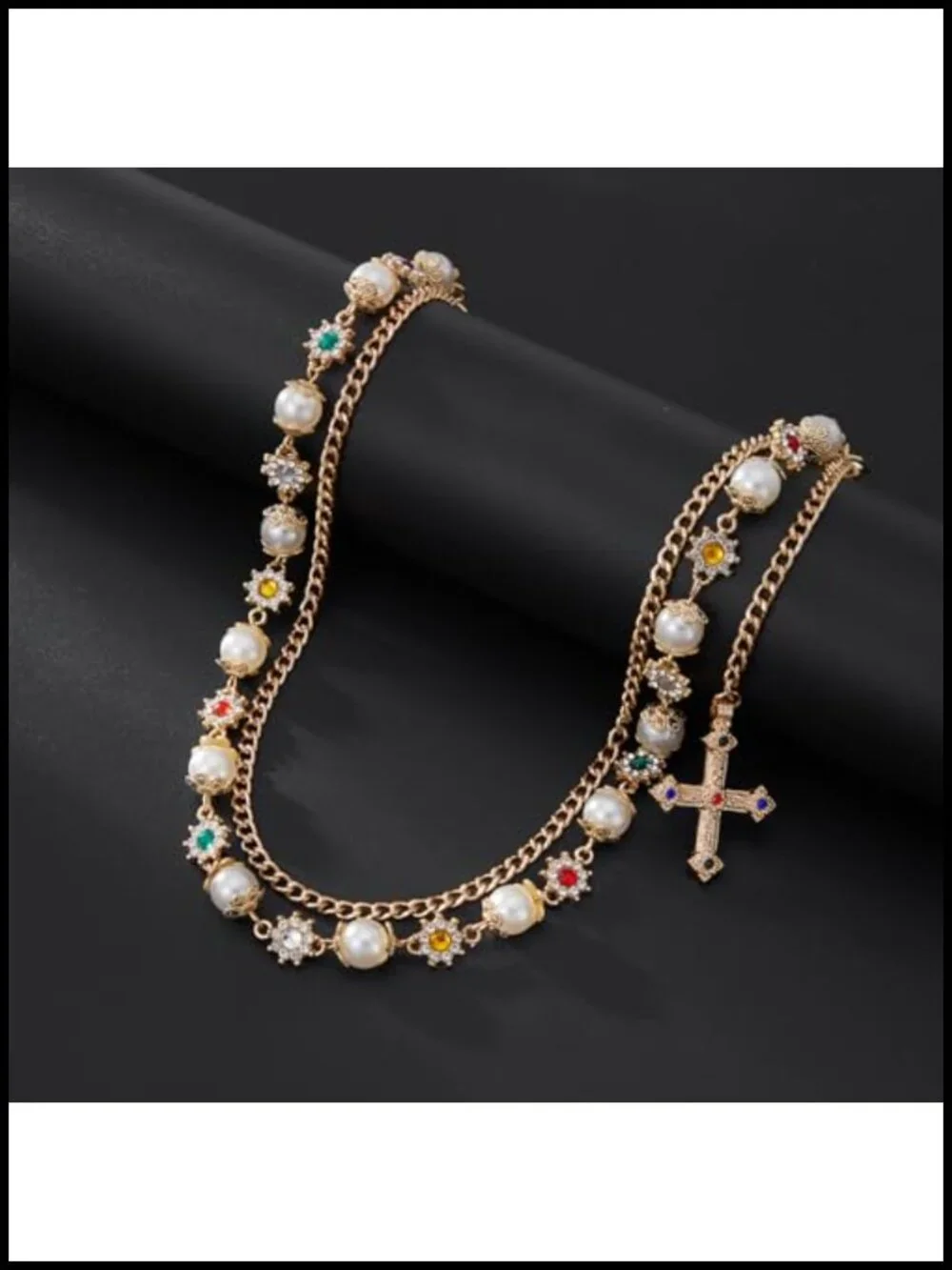 Layered Daisy Pearl Wallet Chain Keychain with Rhinestone Flower Heart Cross
